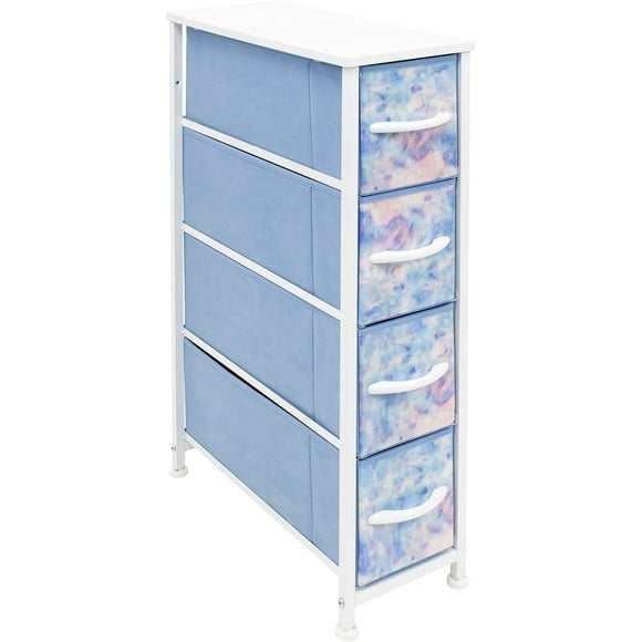 Sorbus Tour Étroit de Commode avec 4 Tiroirs - Rangement Vertical pour Chambre, Salle de Bain, Buanderie, Garde-Robes et Plus, Cadre en Acier, Dessus en Bois, Bacs en Tissu Teinture sur Nœuds (Teinture sur Nœuds Pastel)