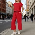 thumbnail image 3 of FRSASU Girls Summer 2 Piece Outfit Set Short Sleeve Henley Top and Drawstring Wide Leg Pants Solid Color Loungewear Red-A, 3 of 9