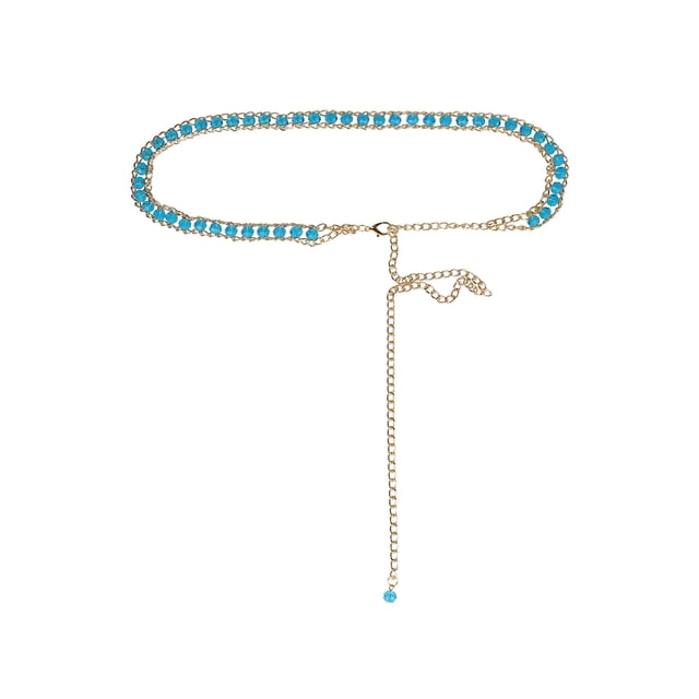 Cinturones de cadena de cintura INSPIRE CHIC, cinturón de cadena de cuerpo de metal dorado con cristales de rhinestone para vestido, se ajusta a una cintura de hasta 110 cm/43" azul