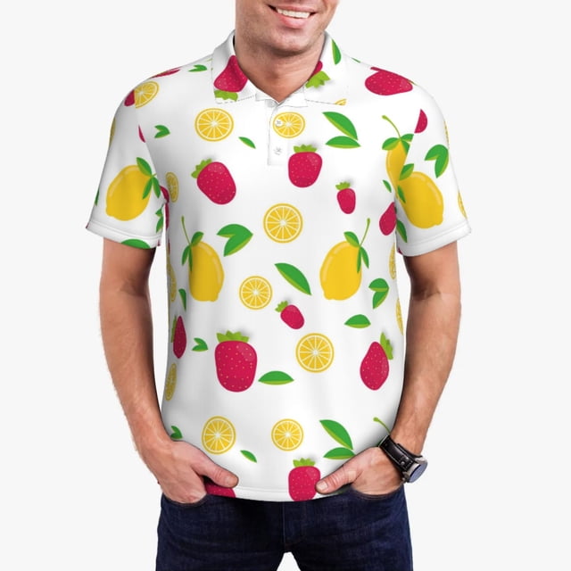 Balery Strawberry and Lemon Camisa Polo de Hombre con Estampado, de Manga Corta y Tejido Medio, Camisa Tipo Golf Polo-Large