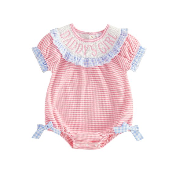 Cenuakty Baby Girl Summer Romper Plaid Ruffle Trim Letter Embroidered Striped Short Sleeve Bodysuit with Bows