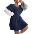 Elegant Colorblock V neck Long Sleeve Navy Blue Plus Size Sweater