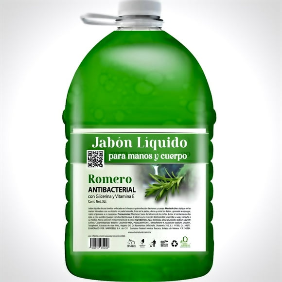 Jabón Líquido Antibacterial VivoNatural para Manos y Cuerpo Aroma Romero 5 litros Con Glicerina y Vitamina E
