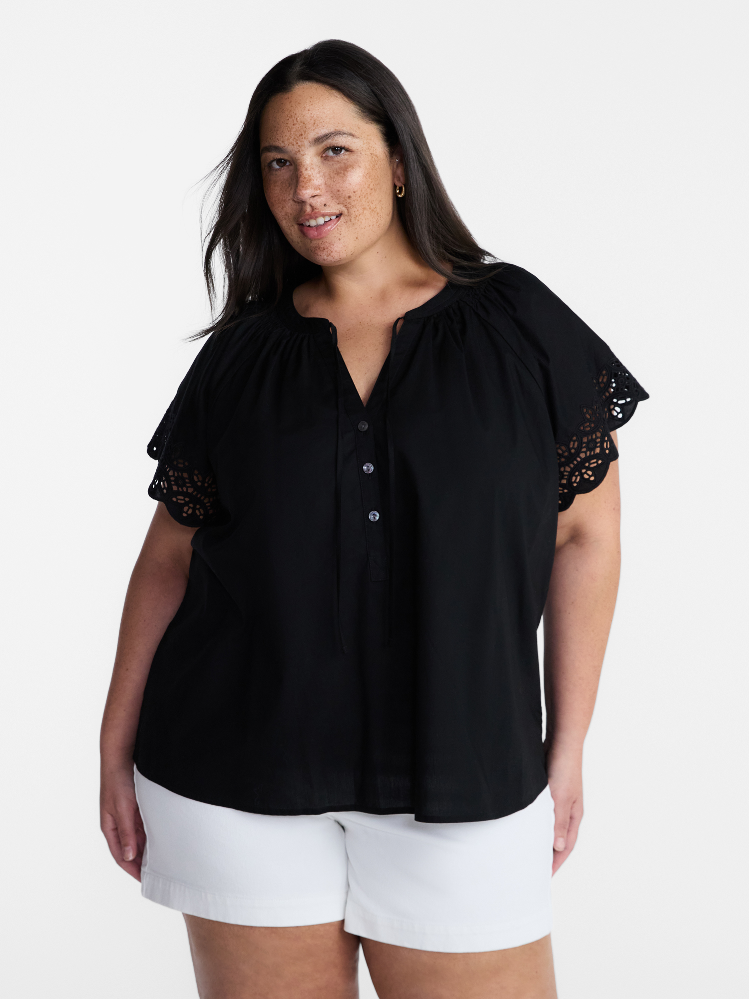 Terra & Sky Women’s Plus Cotton Eyelet Top with Short Sleeves, Sizes 0X-5X