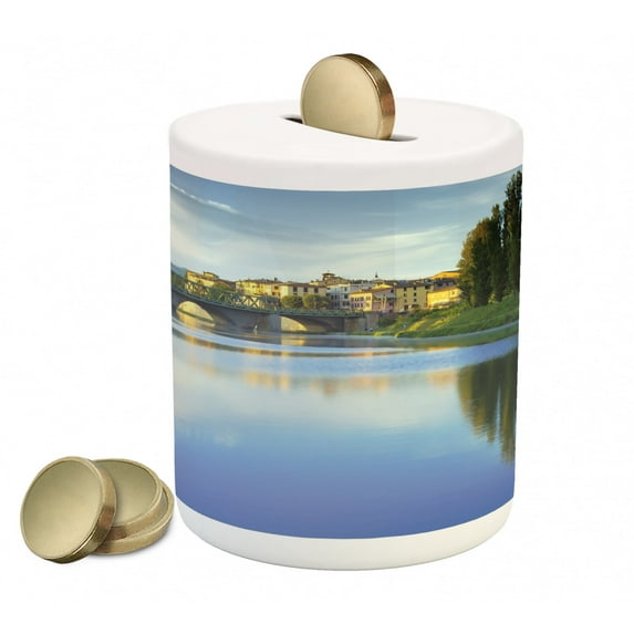 Landscape Piggy Bank, Majestic Tevere River Meets Bridge in Ukrainian Old Town European Rural Landscape, Ceramic Coin Bank Money Box for Cash Saving, 3.6" X 3.2", Green Blue, by Ambesonne
