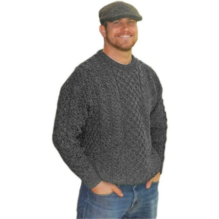 Midweight Wool Sweater - Mens Traditional Aran Sweater, Real Irish Wool, Made in Ireland, Large, Gray