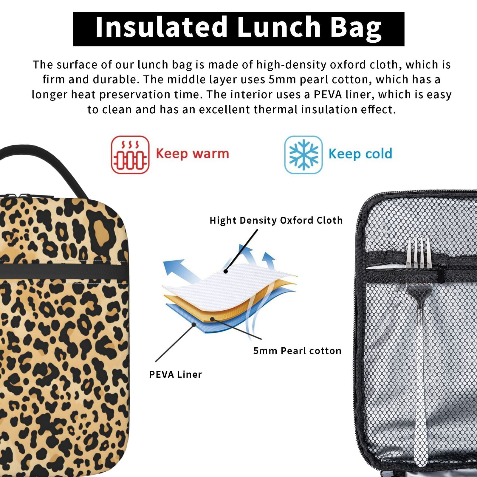 Lunch Bag For Women Men Insulated Portable Lunch Box Bento Box Office Picnic Travel Cooler Bag Leopard Print Pattern Background_1