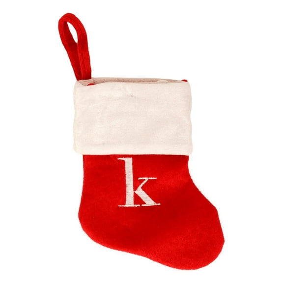 Mini Monogrammed Christmas Stocking (8 in) Red Plush White Cuff Miniature Stocking Decoration Holiday Decor (K)