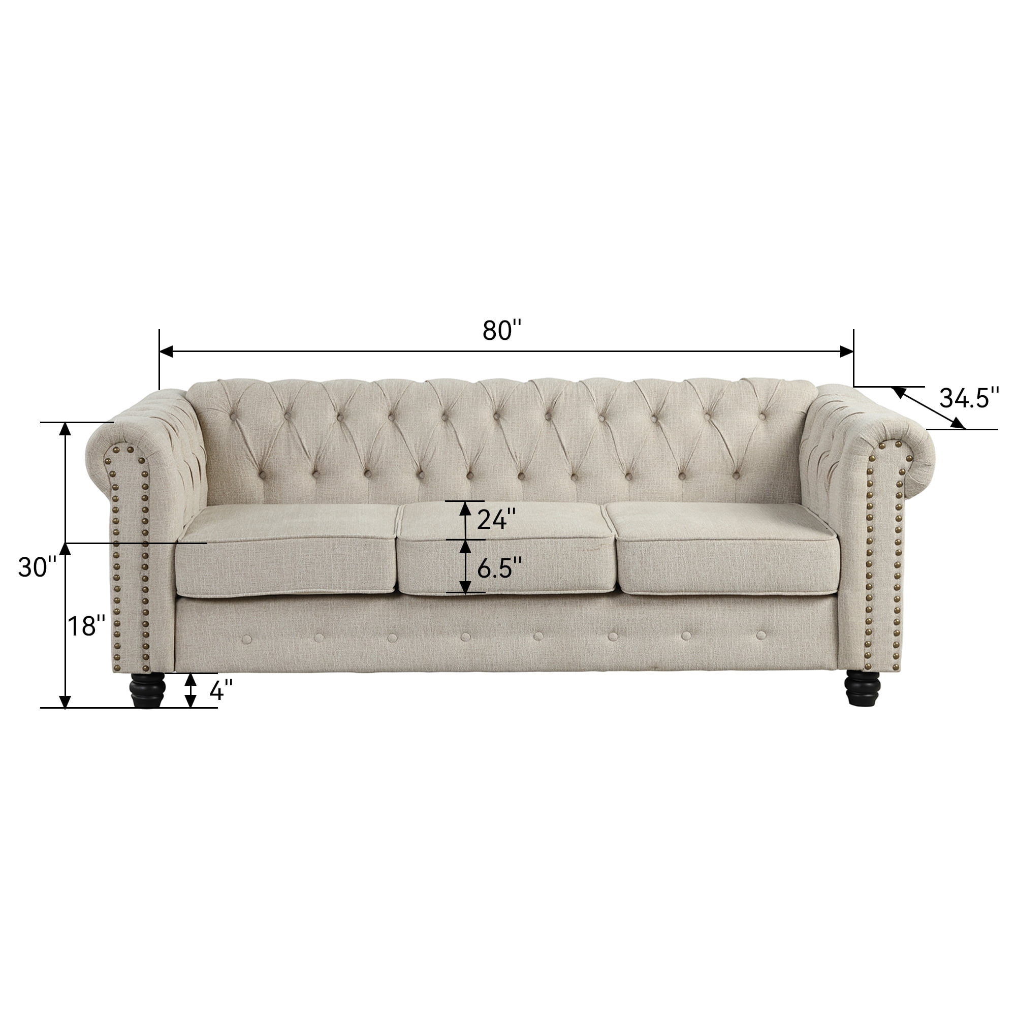 Morden Fort 3-Seater Chesterfield Sofa Couch with Rolled Arm and Wooden Frame, for Living Room