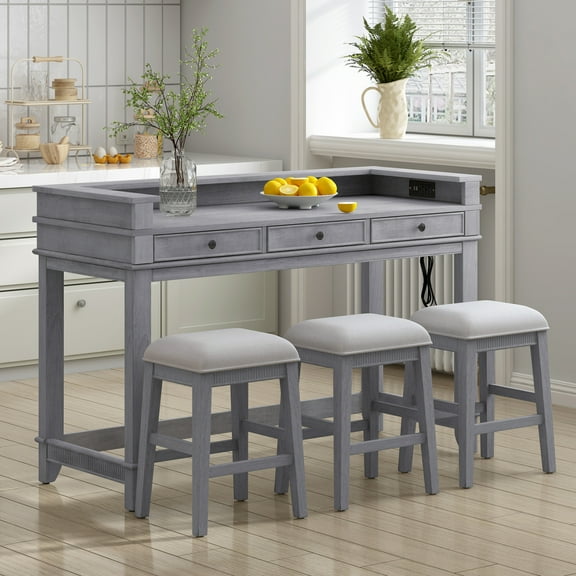 4 Piece Bar Table Set with Power Outlet, Industrial Breakfast Table with 3 Padded Stools and 3 Storage Drawers, Counter Height Dining Bar Table and Chairs Set for Living Room, Gray