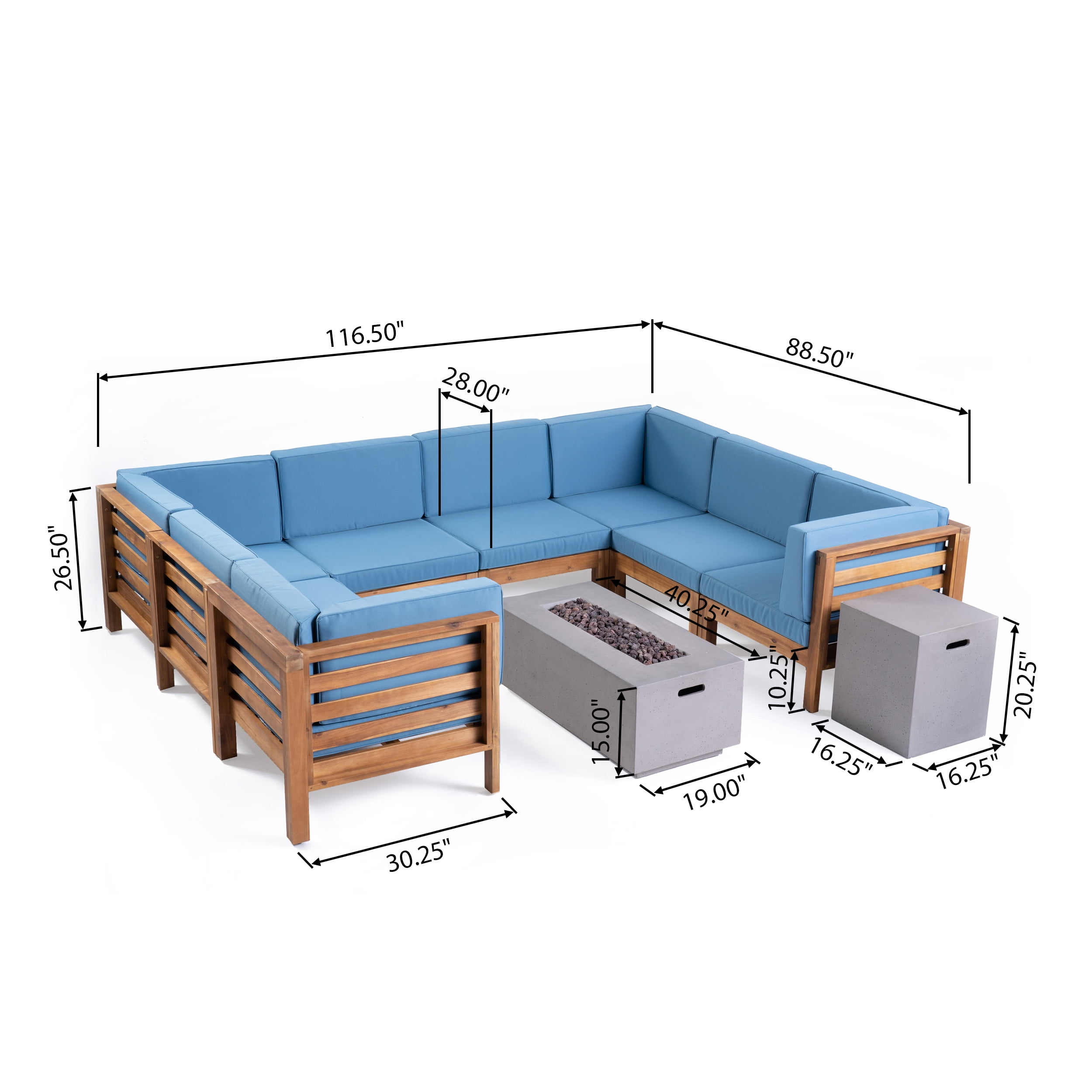 Frankie Outdoor U-Shaped 8 Seater Acacia Wood Sectional Sofa Set with Fire Pit, Teak, Blue, and Light Gray