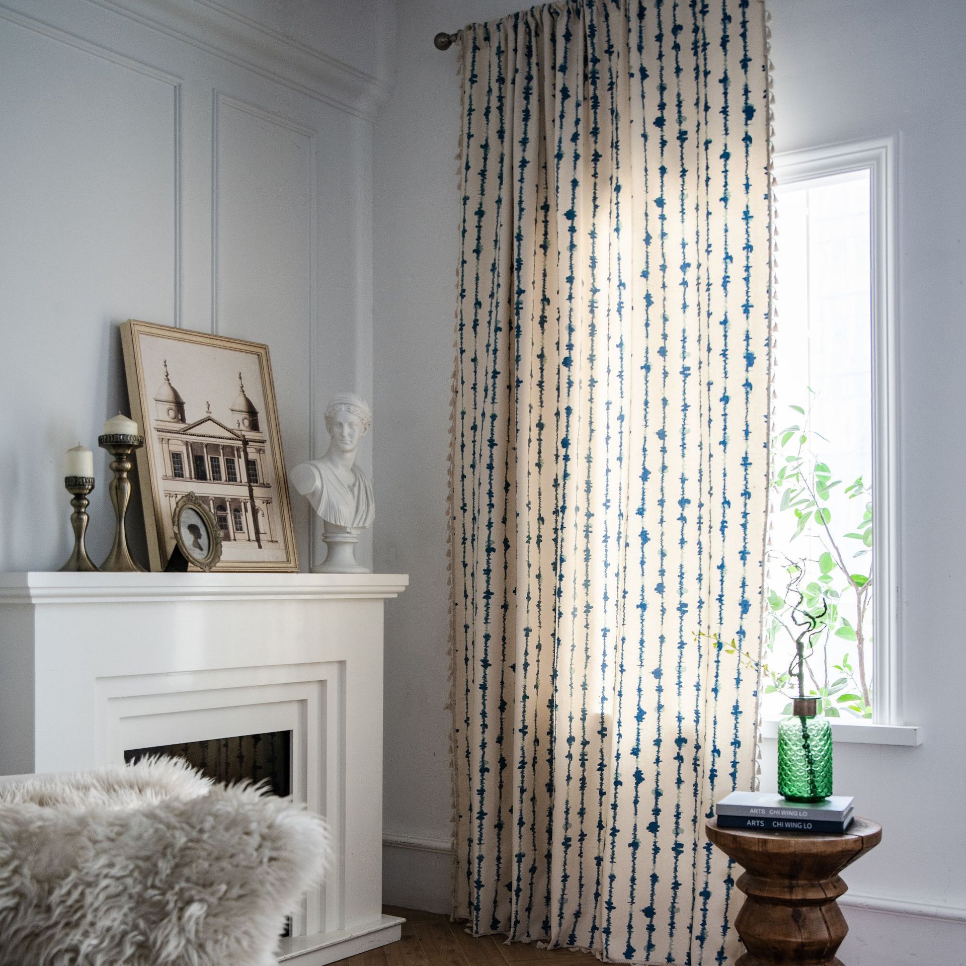 Boho Half Blackout Window Curtain, 1 Panel Cotton Linen Blue Stripes