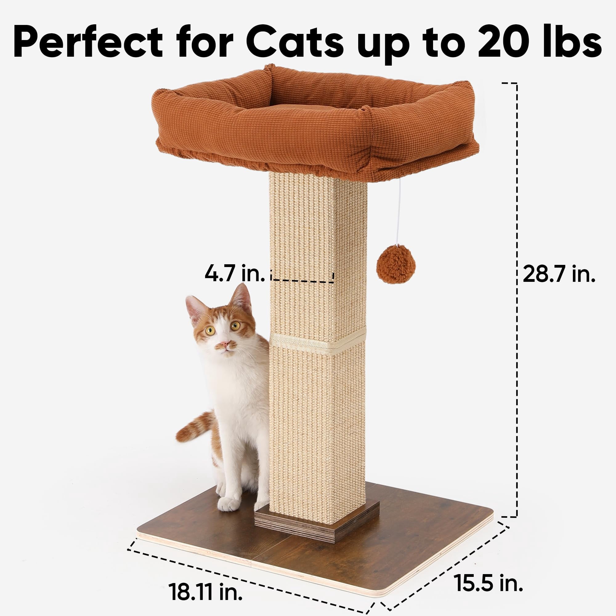 Brown Tall Cat Scratch Post Perch Tower, Sisal & Solid Wood, for Adult Cats
