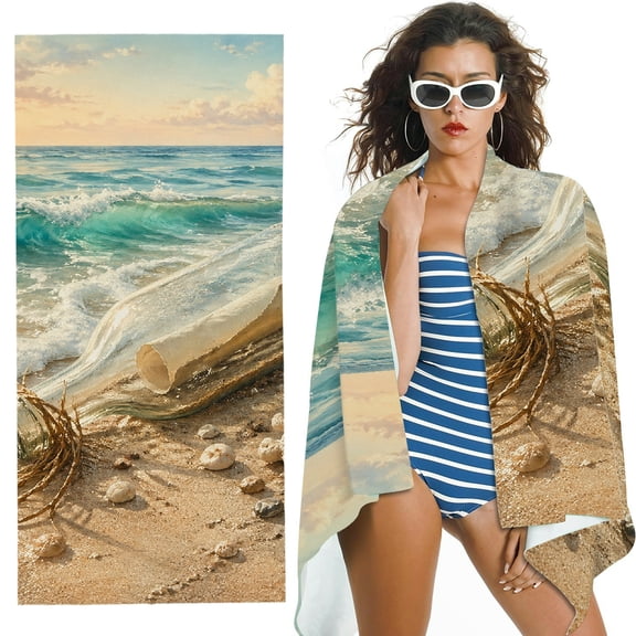 RKSupls beach message bottle sunset ocean wave shell coral Oversized Microfiber Beach Towel,  Ultra-Soft Microfiber Suitable for Bathroom, beach, Soft Super Absorbent- 30x60 in