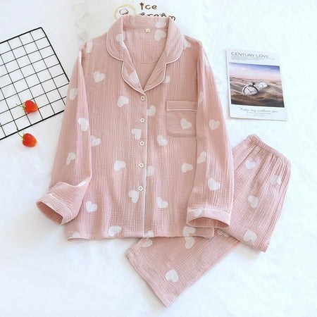 

Spring New Ladies Pajamas Set Heart Printed Crepe Cotton Double-layer Gauze Turn-down Collar Long-sleeve Trousers Household Wear