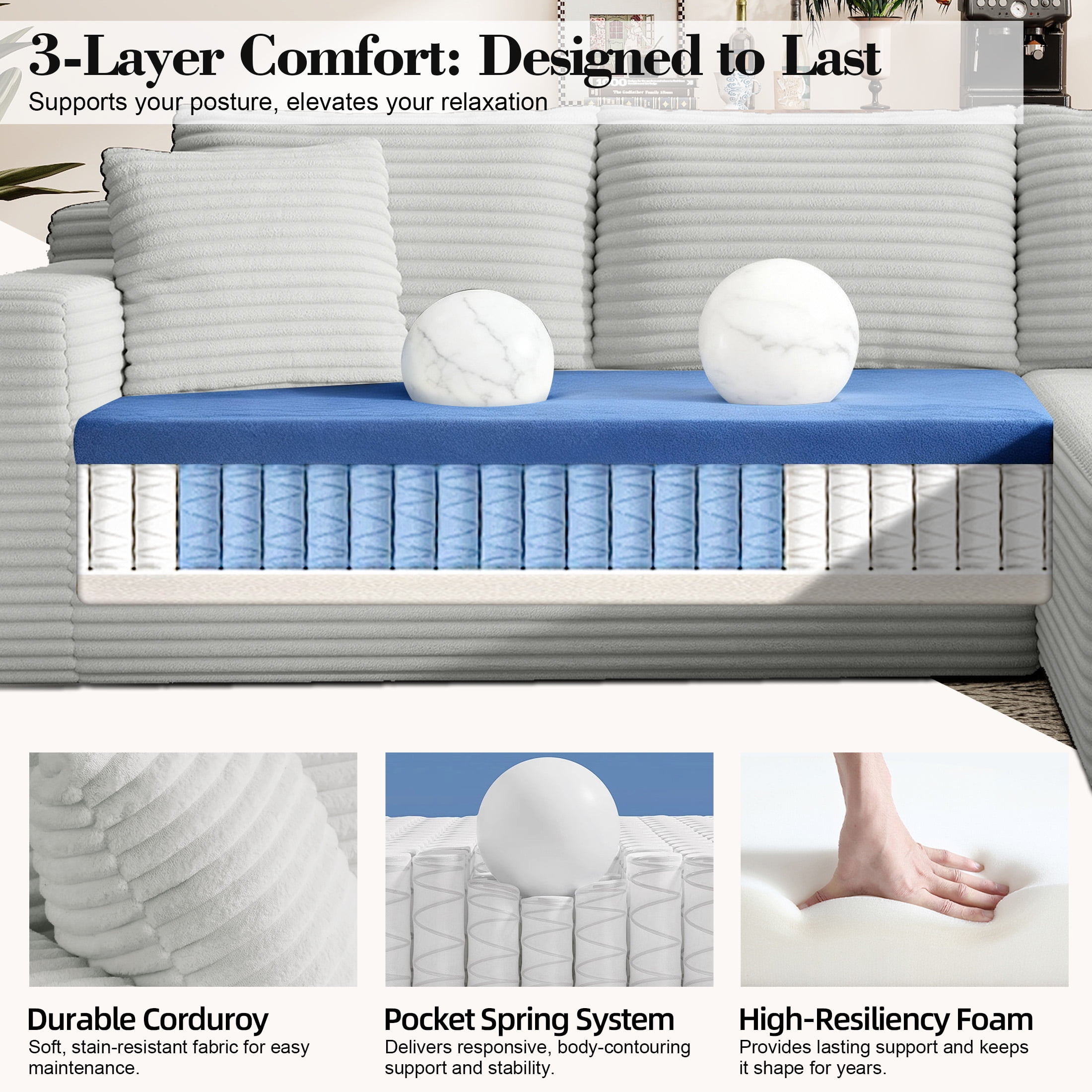 AENKYO Modular Sectional Couch with L-Shape Chaise — Modern Living Room Sofa, Gray, Right-Facing, No Assembly