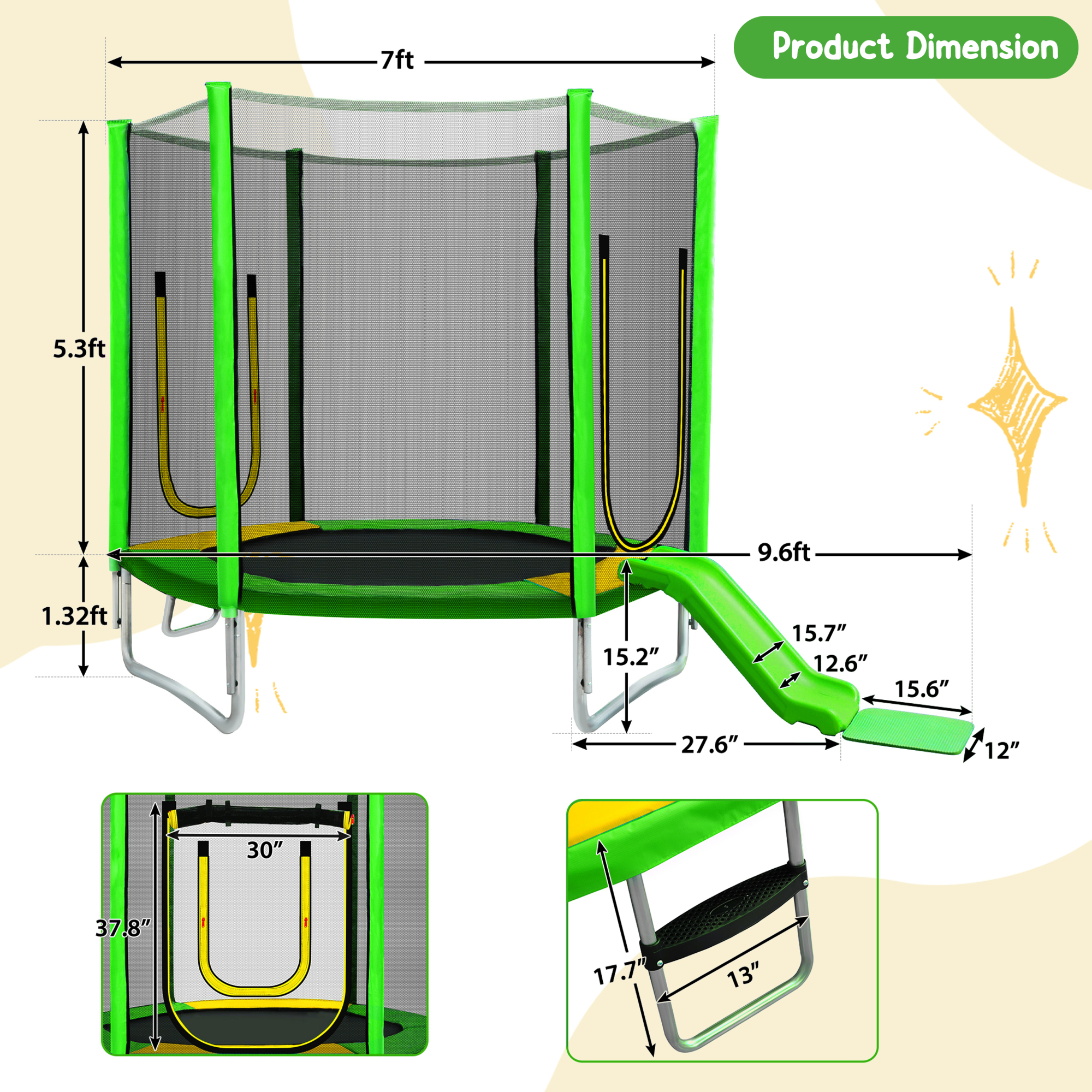 Arspjes 7FT Trampoline for Kids,Outdoor Recreational Trampolines with Safety Enclosure Net,Mini Trampoline with Slide and Ladder,Green
