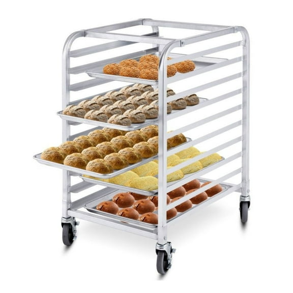 Aluminum Bakery Pan Rack 10 Sheet - Rolling Pan Organizer for Commercial Kitchens, 38.2"H, 33lbs Capacity, 5" Wheels with Brakes, Silver