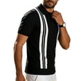 thumbnail image 4 of Men's Knit Horizontal Striped Short Sleeve Open V-Neck Collared Polo Shirt, Casual Slim Fit Top, Breathable Knitwear for Smart Casual Style and Everyday Wear Black M, 4 of 4