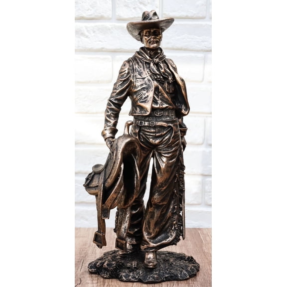 Old World Rustic Western Cowboy Holding Horse Saddle and Rifle Gun Statue 12"H