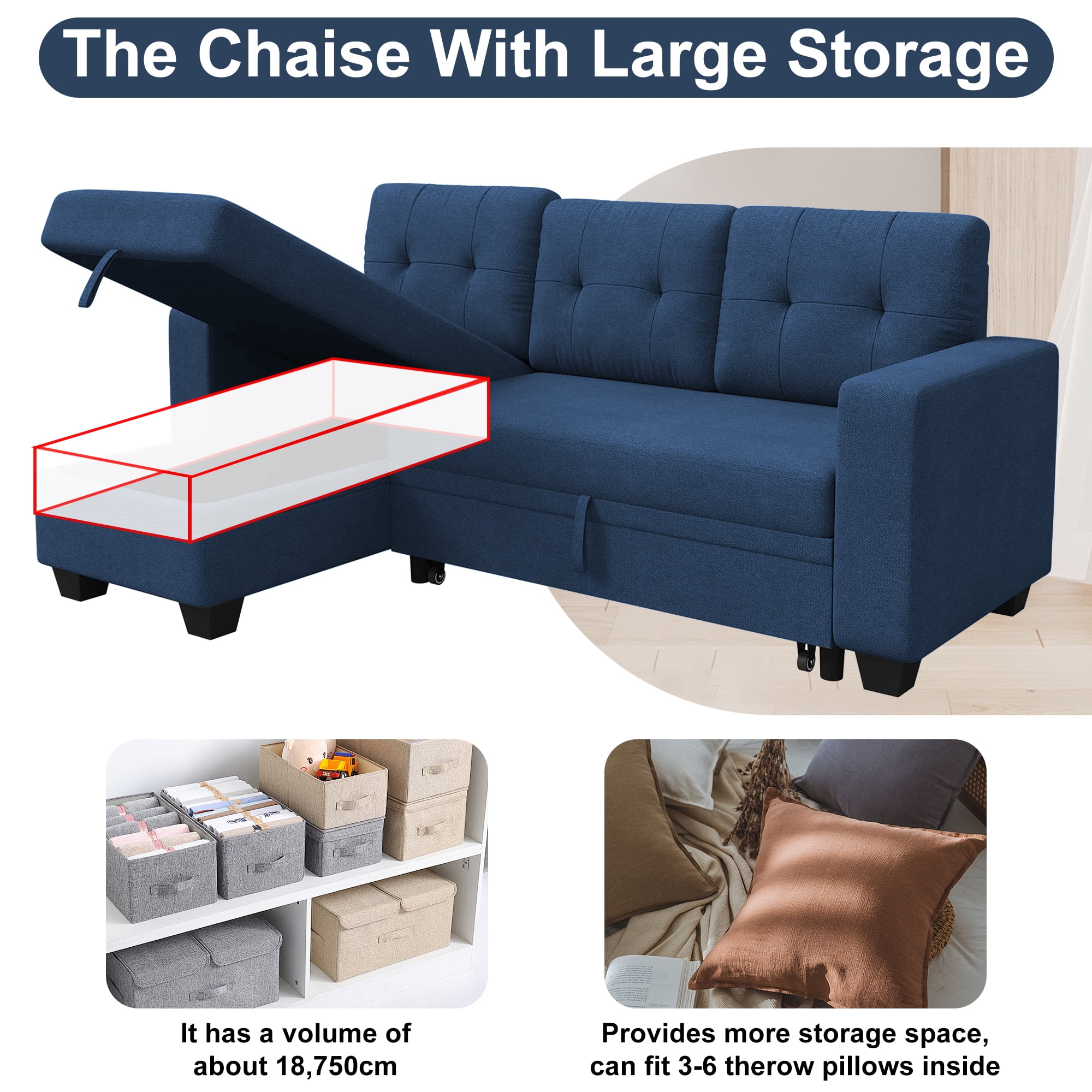 DEALTOPS Linen Reversible Sleeper Sectional Sofa Bed with Storage Chaise,Blue