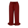 thumbnail image 6 of Lodgix Linen Capri Pants for Women Wide Leg Ruffle Hem Flowy Beach Pants with Pocket Crop Casual Loose High Waisted Trousers Wine 2XL, 6 of 6