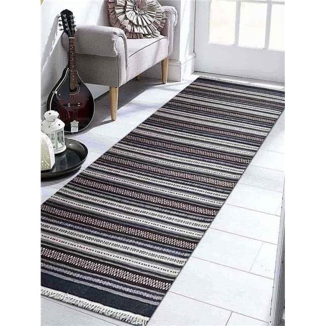 2 ft. 6 in. x 12 ft. Hand Woven Flat Weave Kilim Wool Contemporary Runner Rug, Charcoal & White