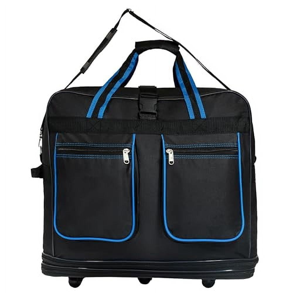 36"" Rolling Wheeled Expandable Duffel Bag Spinner Suitcase Luggage, Black with Blue Trim