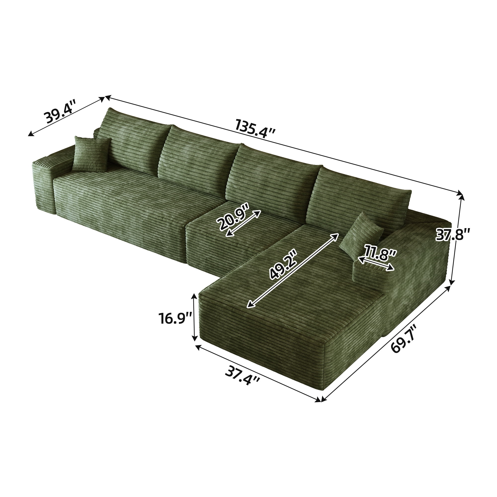 MAYEERTY 135" Cloud Sectional Couch with L-Shape Chaise, Modern Modular Deep Seat Sofa, No Assembly Plush Corduroy Fabric, Green (3 packages)