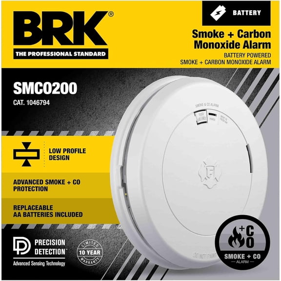 BRK SMCO200 Battery-Operated Combination Smoke & Carbon Monoxide Alarm with Slim Profile Design, 1-Pack