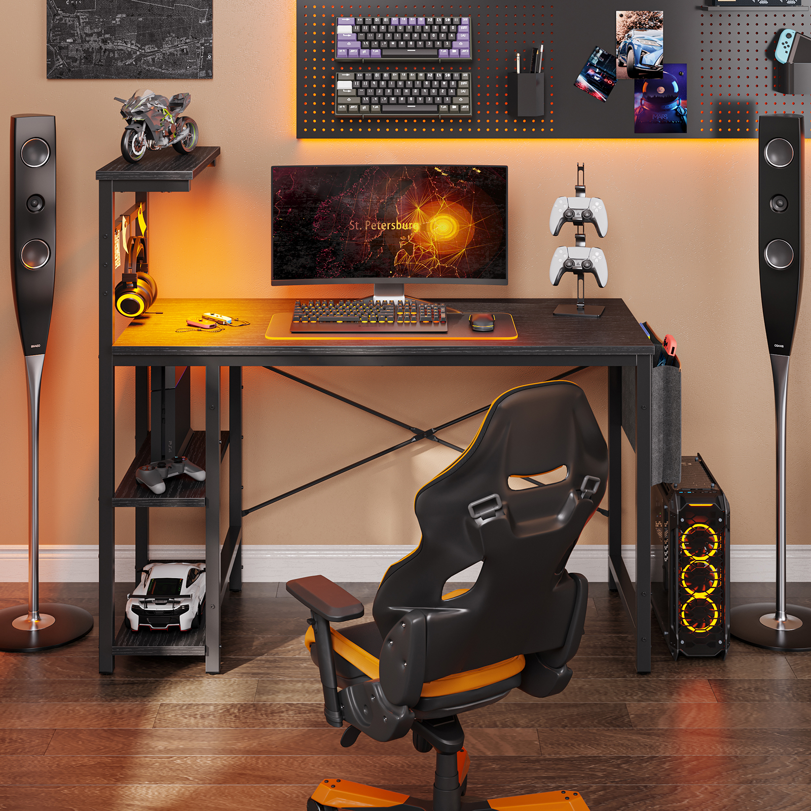 Bestier Reversible 44 inch Computer Desk with LED Lights Gaming Desk with 4 Tier Shelves Black - image 3 of 9
