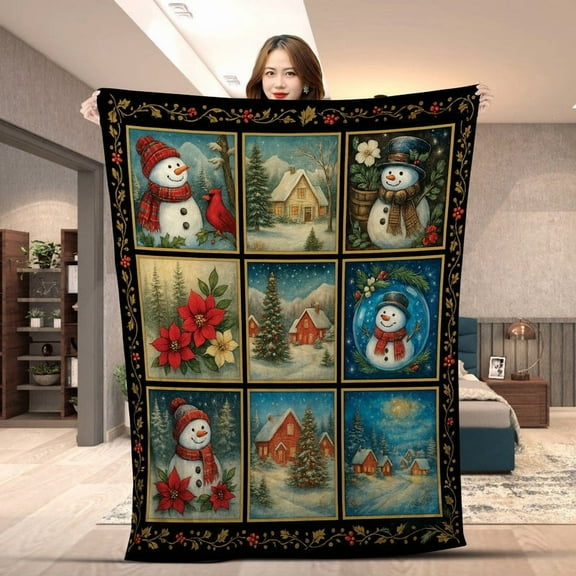 Vintage Snowman Christmas Blanket – Retro Winter Holiday Throw Blanket with Snowman, Cabin & Poinsettia, Cozy Soft Fleece & Sherpa Blanket for Bed, Sofa & Christmas Décor