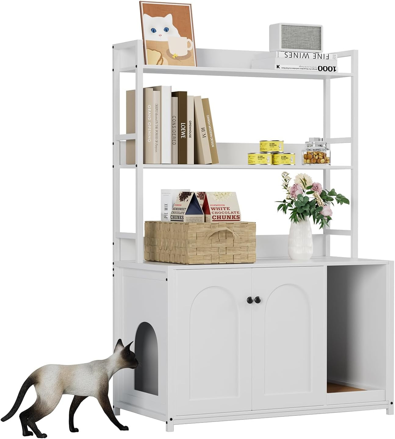 52" Large Cat Litter Box Furniture w/2 Shelves & Doors, Hidden Litter Enclosure Cabinet, Scratch Pad & Storage, Multi-Functional Pet Furniture