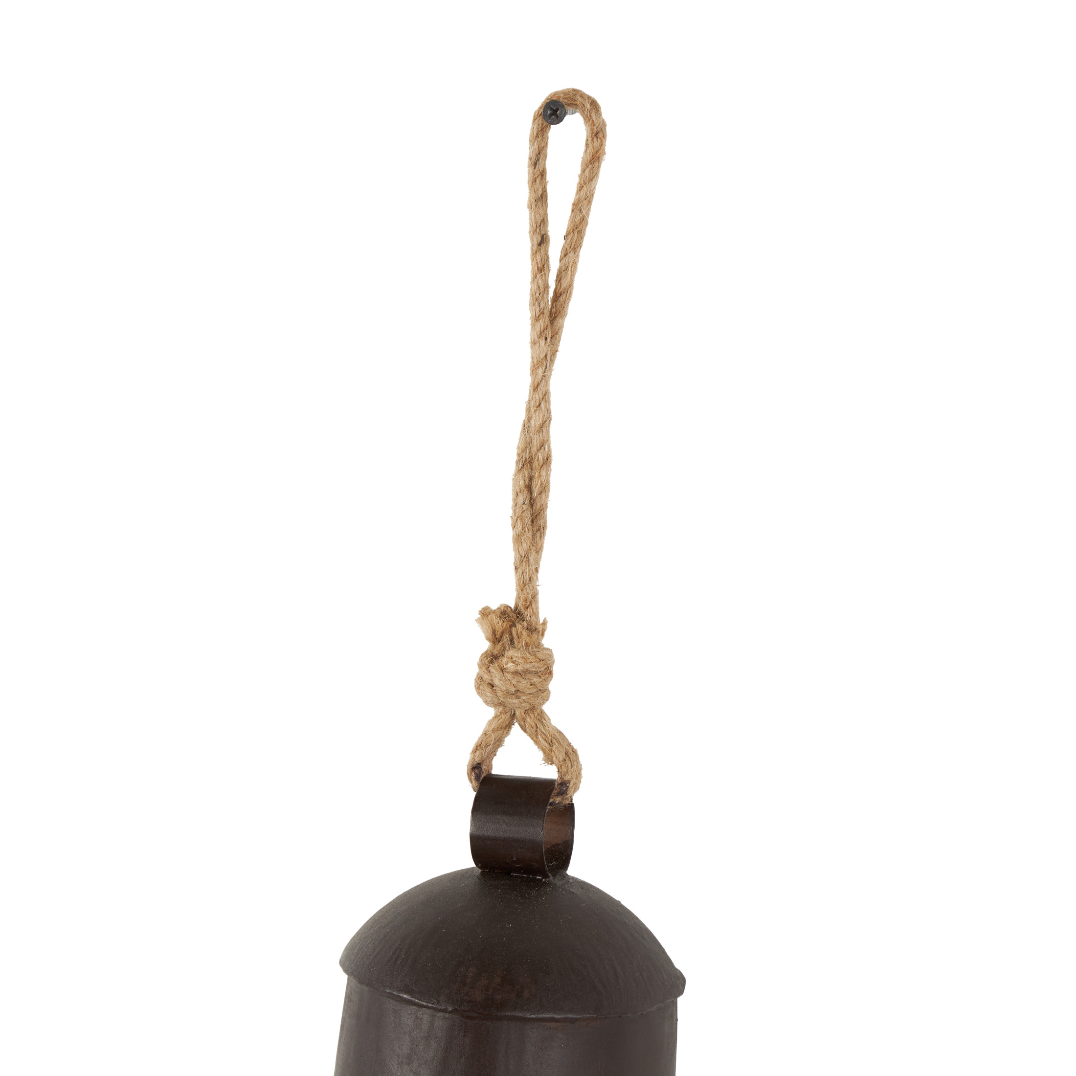 DecMode Tibetan Inspired Dark Brown Metal Cylindrical Decorative Cow Bells with Jute Hanging Rope, 3 Count