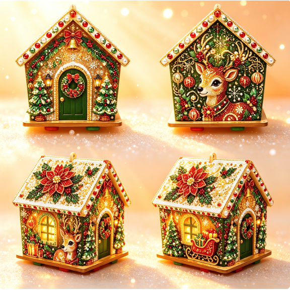 DIY Christmas Wooden House Diamond Art Kit, 3D Assembled Rhinestone Pearl Painting Craft Set, Handmade Tabletop & Hanging Ornament Supplies for Adults Holiday Home Decor Gift (D)