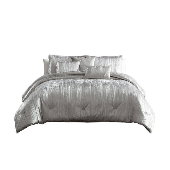 Benjara Queen Size 7 Piece Fabric Comforter Set with Crinkle Texture, Silver
