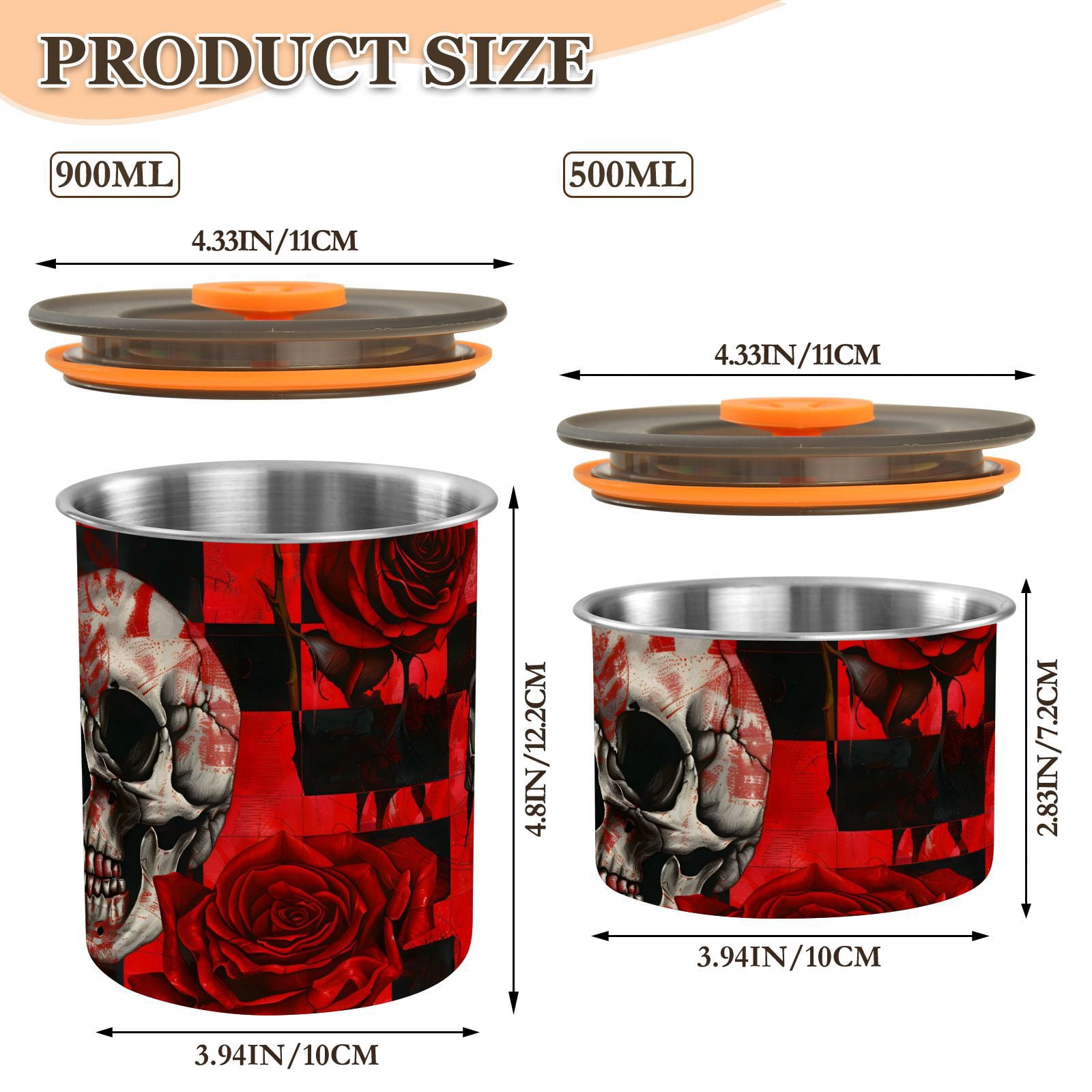 Skull Red Rose Flower Airtight Coffee Bean Canister 30oz Food Storage Containers with Lids For Gournd, Tea, Sugar, Flour, Rice, Cereal, Candy Cookie Jar