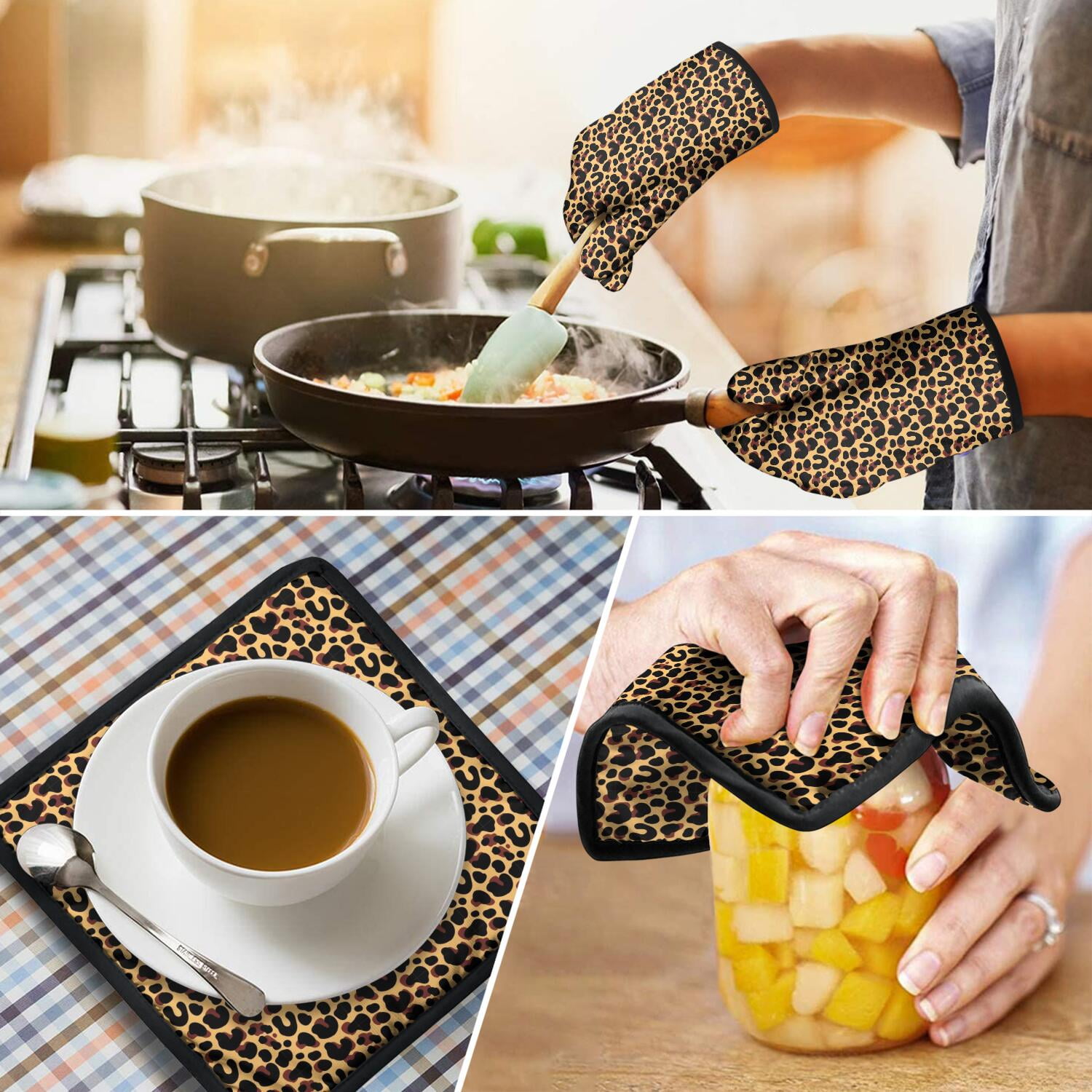 Leopard Print Oven Mitts and Pot Holders Set Of 4, Heat Resistant Kitchen Gloves with Non-Slip Grip, Hanging Loop, Soft Cotton Lining for Baking, Cooking, Grilling, Barbecue