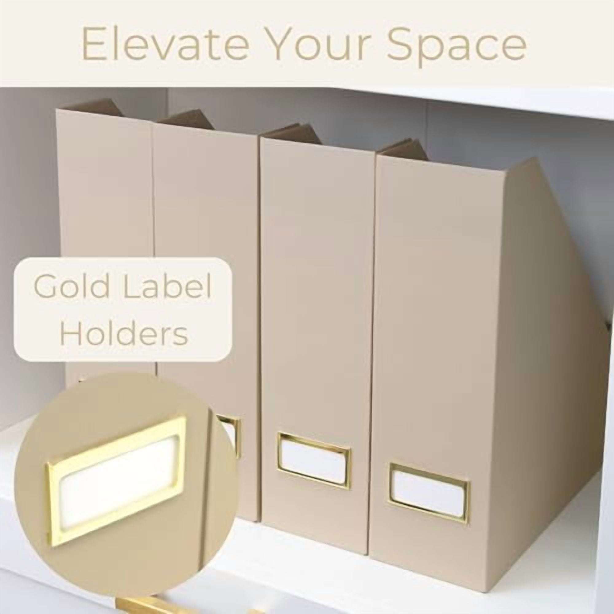 | Set of 6 Foldable Taupe Magazine File Holders with Label Holders | Vertical File Organizer & File Storage Boxes for Desk, Shelves & Home Office