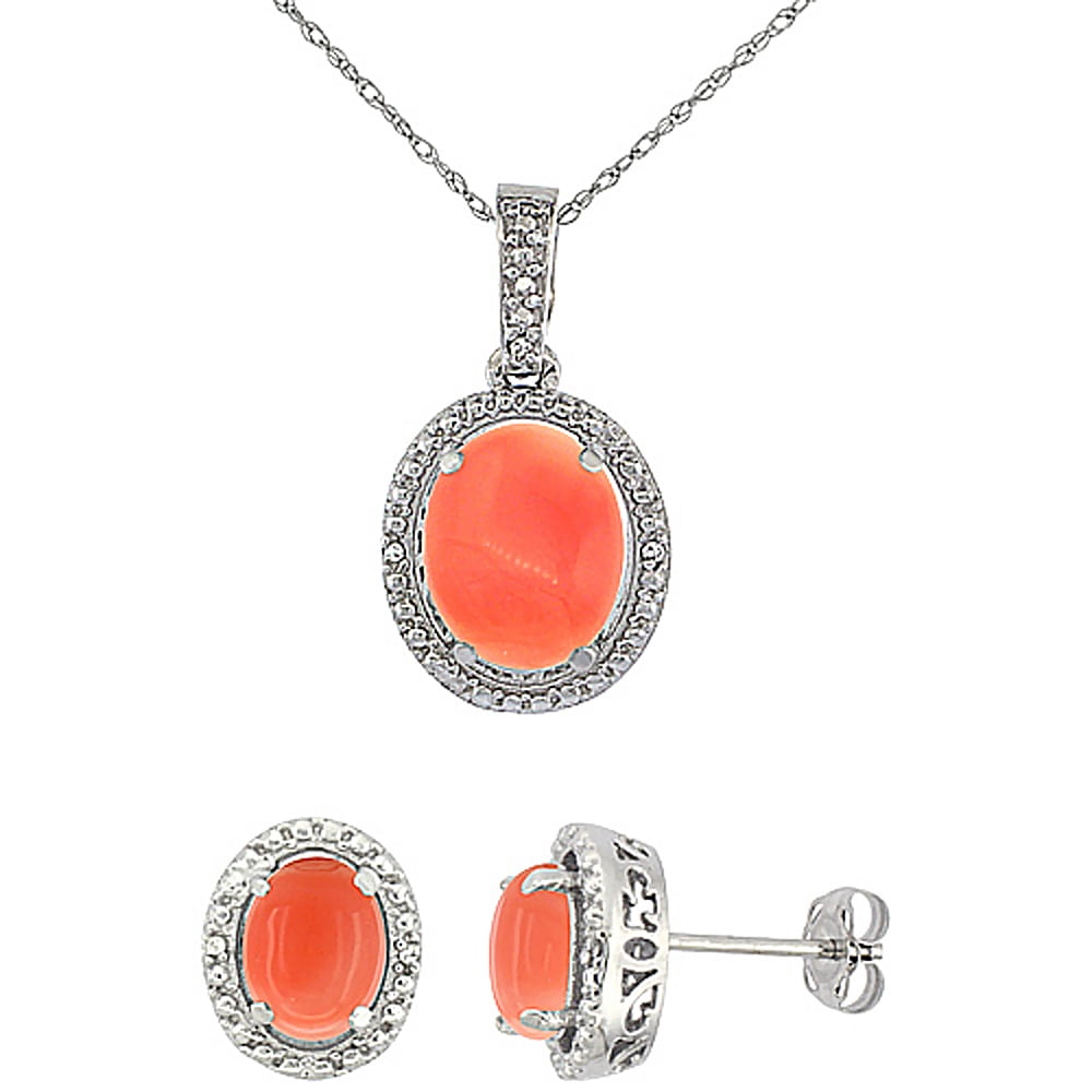 10K White Gold Natural Oval Coral Earrings & Pendant Set Diamond Accents by WorldJewels