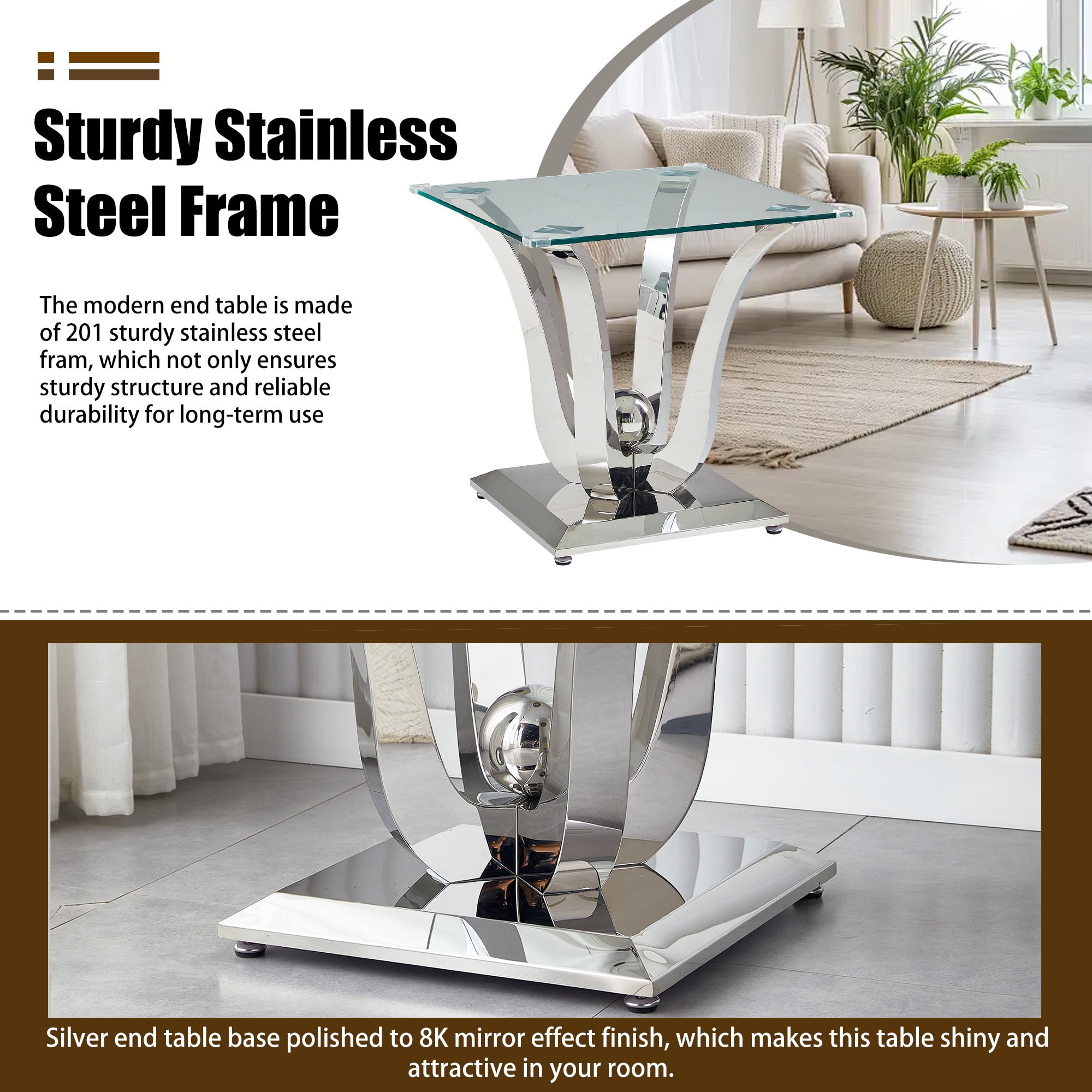 23.62" Square Glass End Table with Tempered Glass Top and Modern U-Shaped Stainless Steel Base, Perfect for Living Room and Bedroom