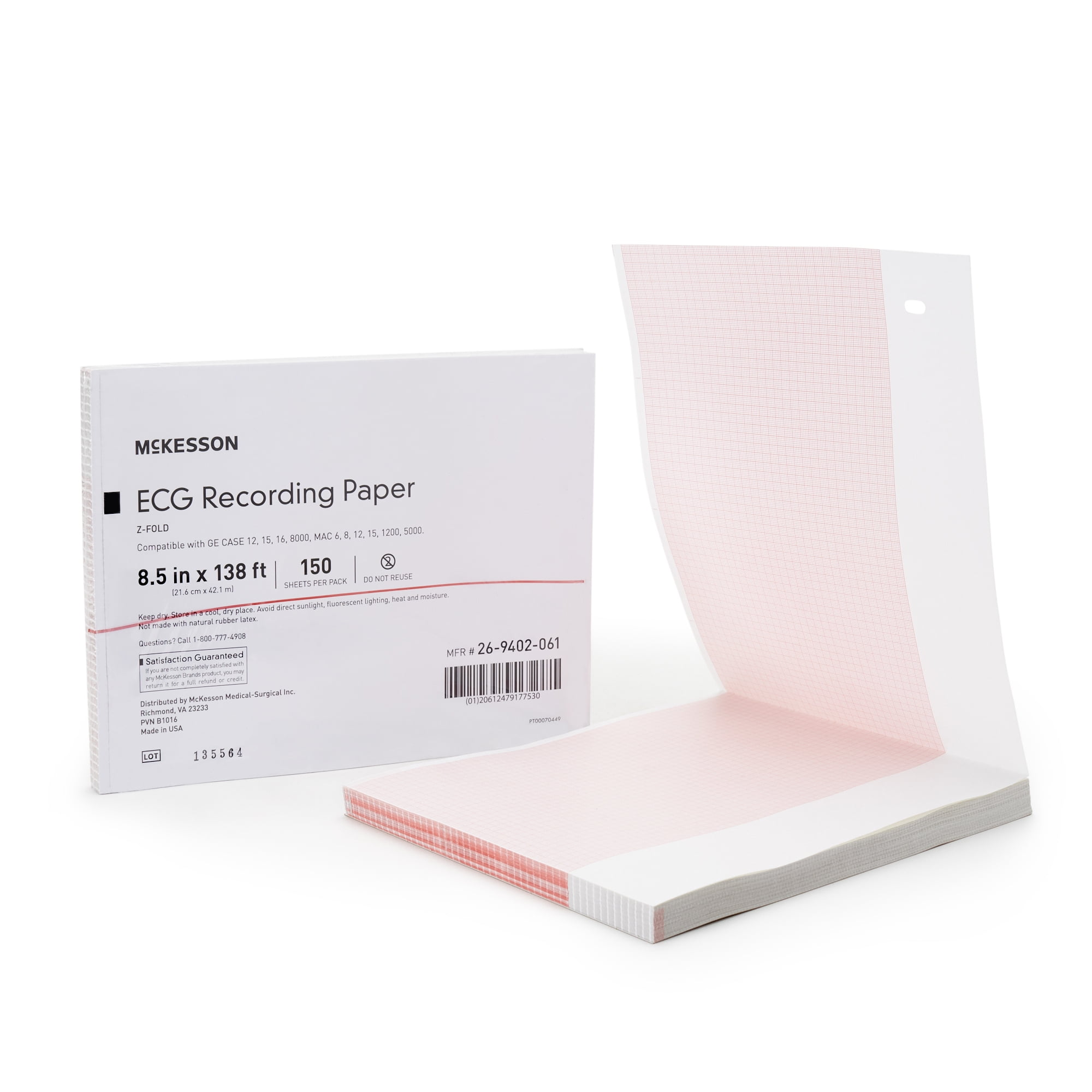 McKesson ECG Recording Paper, Red Grid Thermal Paper 8.5 in x 138 ft
