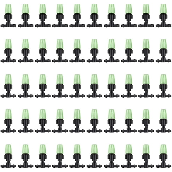 MSDADA 50pcs Micro Spray Adjustable Flow Irrigation Drippers, Garden Adjustable Sprinkler drip Irrigation Mister Heads with 3 Tee Irrigation Misting Drip Kit (Green)