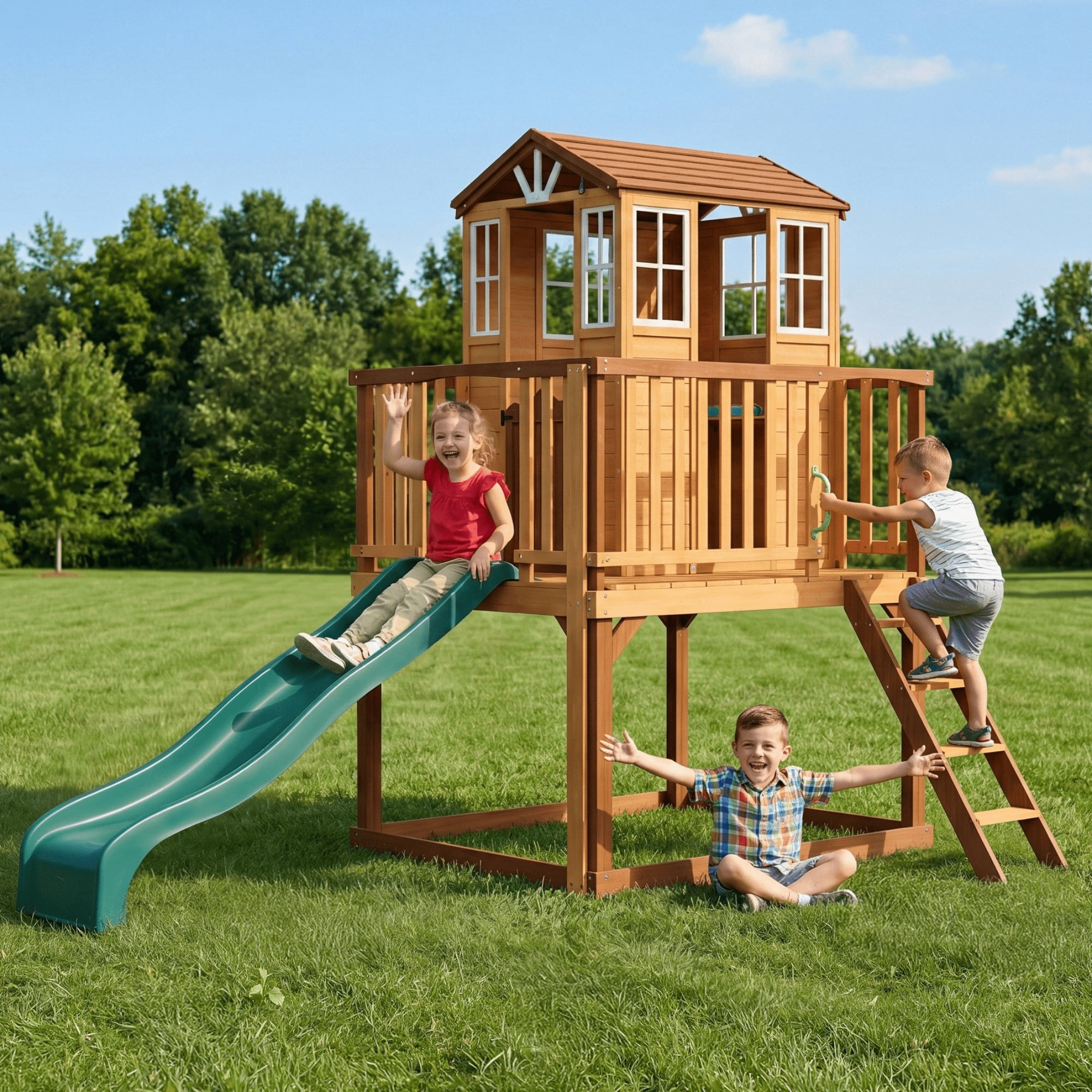 Gymax, Outdoor Play House and Slide Set, 75'' Long Slide, Pink