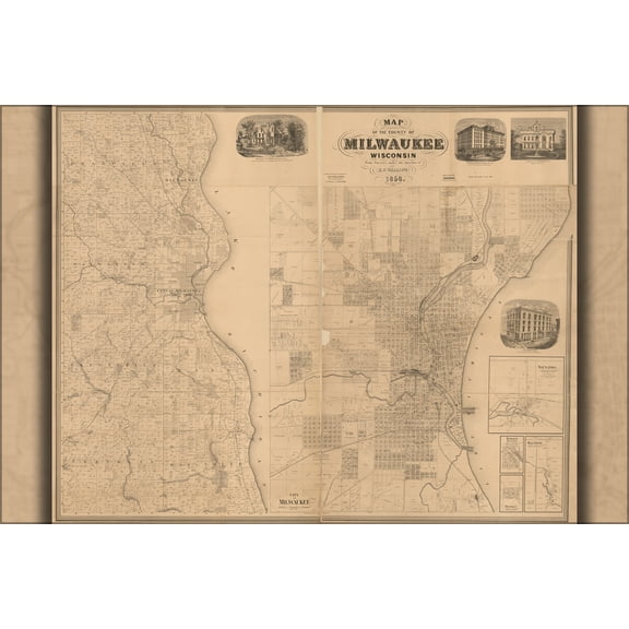 24"x36" Gallery Poster, Map of the county of Milwaukee, Wisconsin 1858