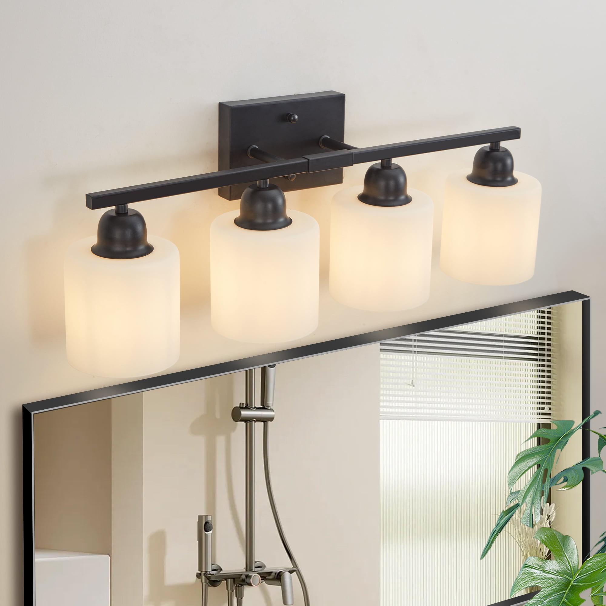 Leumius 4-Light Bathroom Vanity Light Fixture, Modern Vanity Light Over Mirror, Wall Sconces with Milky White Frosted Glass Shades for Mirror, Bathroom, Bedroom and Hallway Black (No Bulbs)