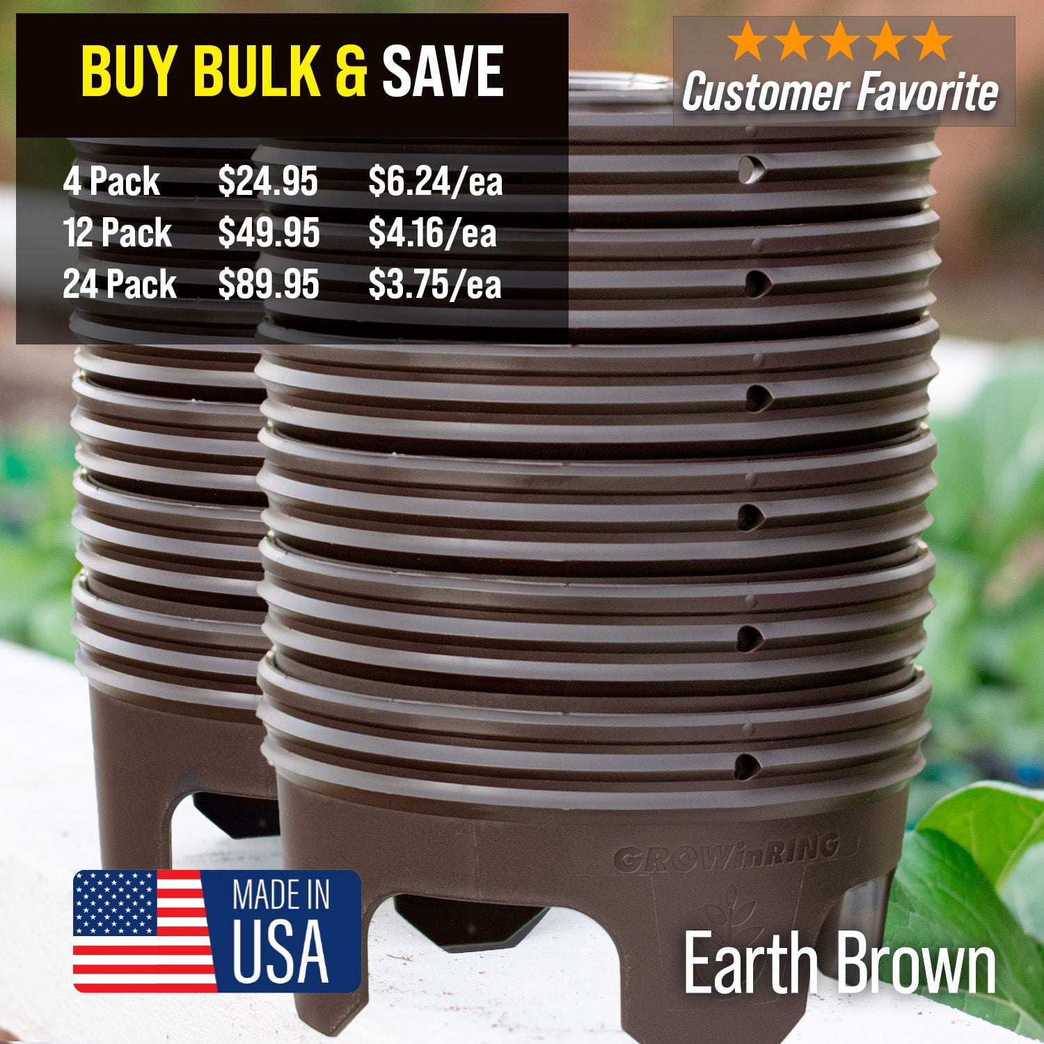 Rooted Promise 7 inch Solid Planting Grow Rings, Perfect for Deep Watering Veggies Herbs and Flowers, Protection and Edging of Garden Plants, Brown, Made in The USA - Pack of 4
