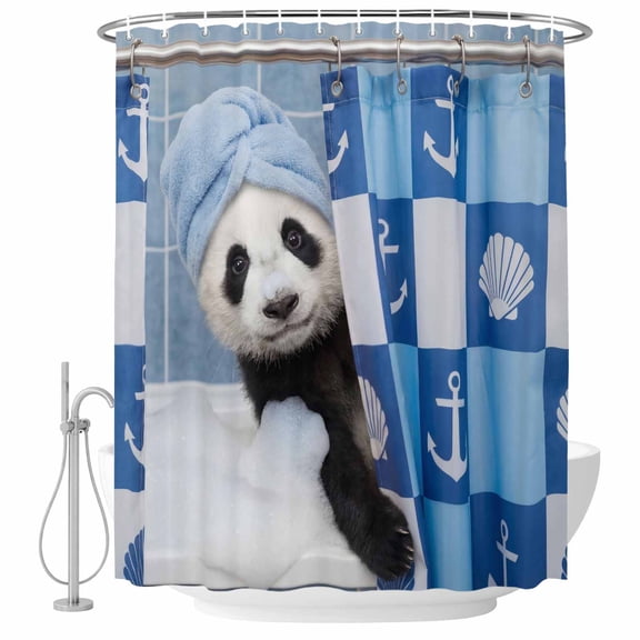 Funny Panda Shower Curtain, Waterproof Shower Curtains for Bathroom, Cute Art Modern Lovely Animals on Showering Blue Washable Fabric Bathtub Curtain Set Bath Decor with 12 Hooks 72"x78"