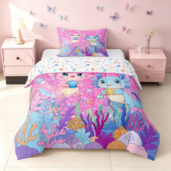 Homewish Cartoon Axolotl Twin Comforter Sets for Kids Girls, Pink Glitter Stars Bedding Set, Colorful Stars Reversible, 2-Piece 1 Comforter and 1 Pillowcase