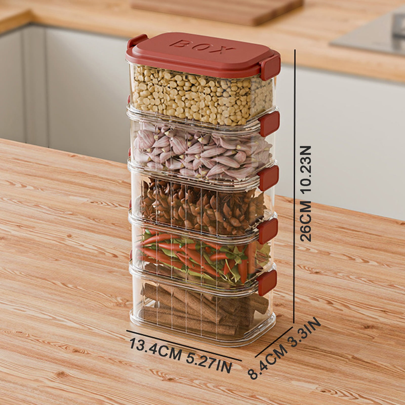 Stackable Spice Storage Box, Multi-layer Sealed Spice Organizer, Travel Spice Containers and Camping Spices Kit, With Clear Compartments for Kitchen Spices,Cereal,Condiments with Lid (Red, 5Layers)